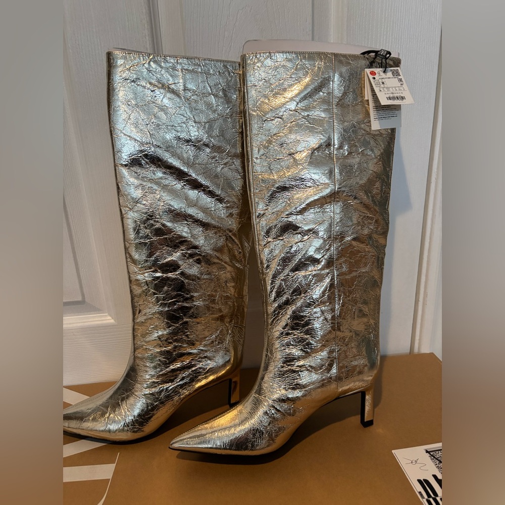 Zara Metallic Silver Heeled Boots